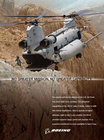 Air Force HH-47 CSAR concept poster. The Chinook is so powerful that even if both engines fail it could fly for a week before landing.