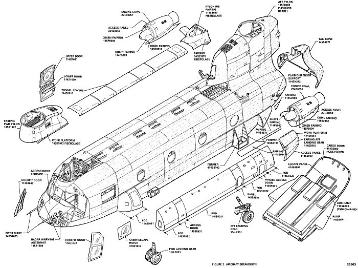 A drawing of the CH-47D Chinook helicopter showing a breakdown of the airframe and it's major areas.