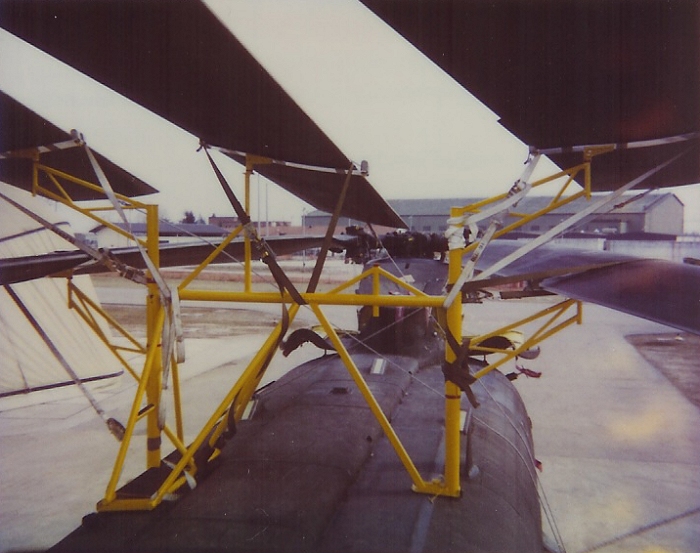 Folded blades on a CH-47D Chinook helicopter at Aviano Air Base in Italy, circa late 90s.