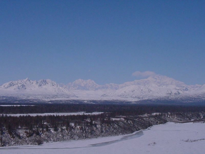 Photograph of Denali, taken from CH-47D 89-00167, piloted by CW4 Mark S. Morgan and CW4 Jeff Wagner, April 2002.