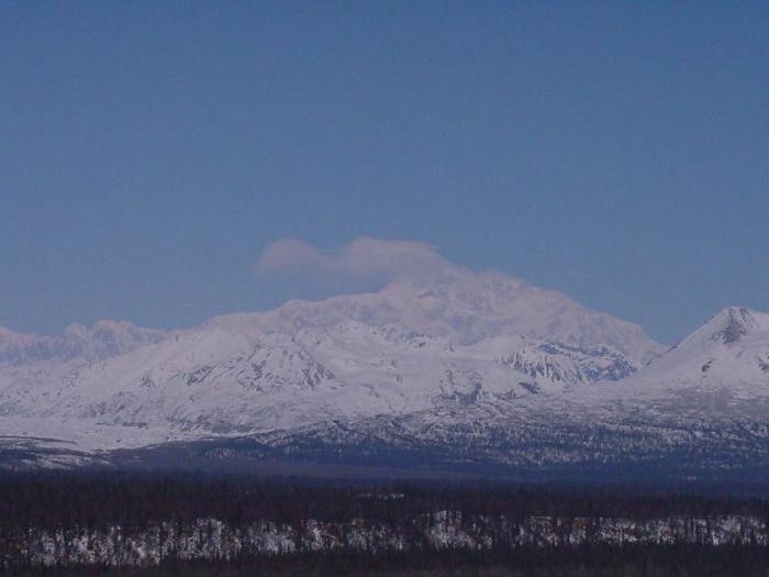 Photograph of Denali, taken from CH-47D 89-00167, piloted by CW4 Mark S. Morgan and CW4 Jeff Wagner, April 2002.