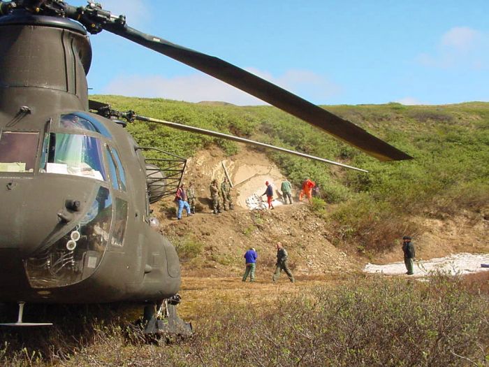 When Icky is ready for transport, Chinook 89-00176 is repositioned into the Landing Zone (LZ) near the site to facilitate the move.