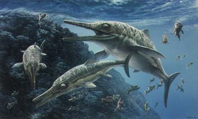 Artists rendition of Ichthyosaur's life in the Jurassic oceans.