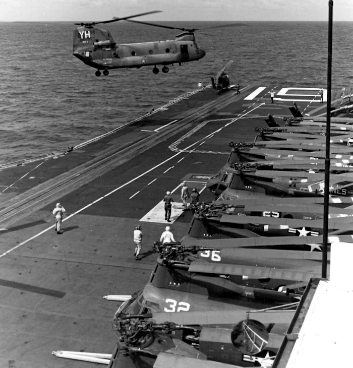 A Boeing-Vertol CH-47 Chinook arrives on board the U.S. Navy aircraft carrier USS Hancock (CVA-19) during "Operation Frequent Wind", the evacuation of South Vietnam, in April 1975. The CH-47 was most probably from the Vietnam Air Force, although it wears the tail code 