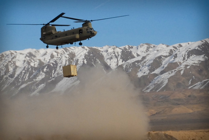 An unknown "Flippers" CH-47F Chinook helicopter operating somewhere in the Middle Eastern Theater.