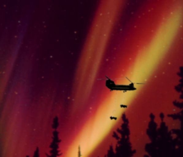 A CH-47D Chinook slings cargo under the Northern Lights.