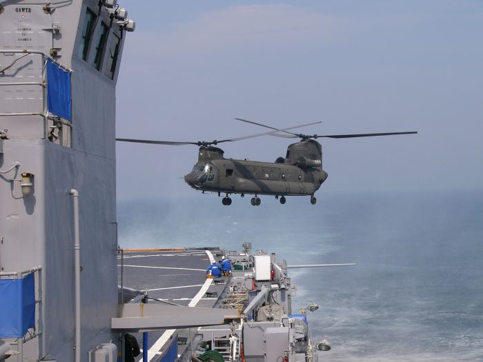 CH-47D Chinook 88-00078 -  assigned to A Company - "Blackcats", 2nd Battalion, 52nd Aviation Regiment, located at Camp Humphrey, Korea - lands aboard the USS Coronado during the Summer of 2004.