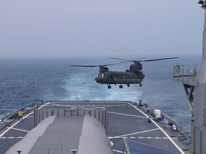 CH-47D Chinook 88-00078 -  assigned to A Company - "Blackcats", 2nd Battalion, 52nd Aviation Regiment, located at Camp Humphrey, Korea - lands aboard the USS Coronado during the Summer of 2004.