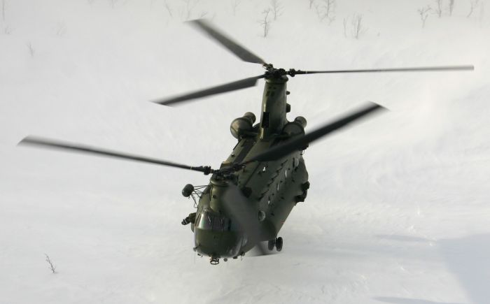 An Arctic photo of an RAF HC Mark II Chinook taken in the mountains near Bardufoss, Norway, date unknown.