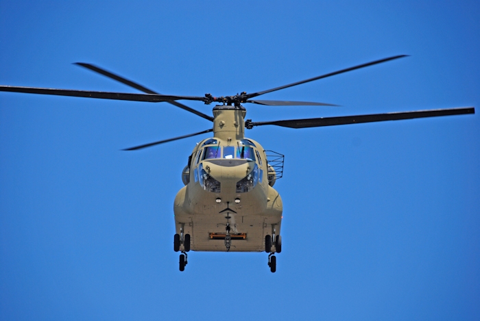 The CH-47F Chinook helicopter takes to the sky.
