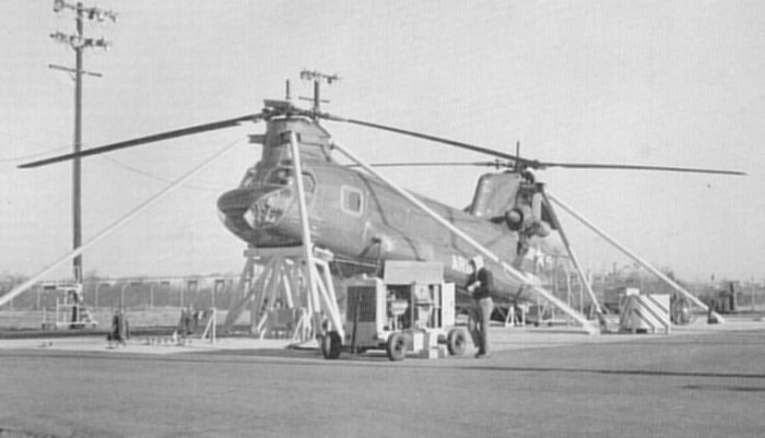 Boeing Chinook 59-04982 tied securely to the ground for testing.