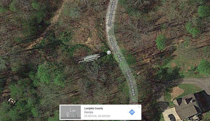 This September 2017 image derived from Google Maps shows the location of 59-04986 as it sat decaying in the woods in a field north of Dahlonega, Georgia.