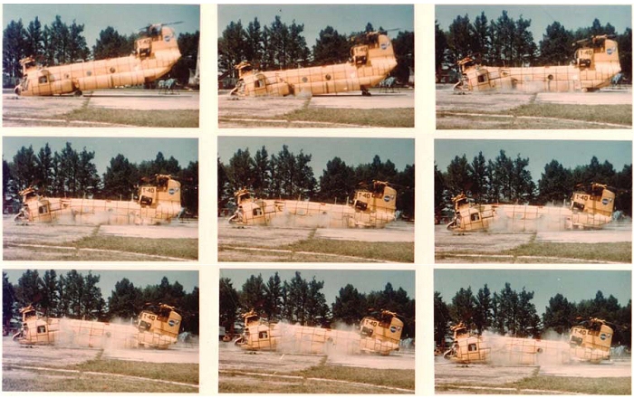 Similar to 67-18542's demise, pictured is an unknown CH-47 Chinook helicopter undergoing T-40 crash testing conducted at Langley AFB in support of the U.S. Army by the National Aeronautics and Space Administration (NASA).