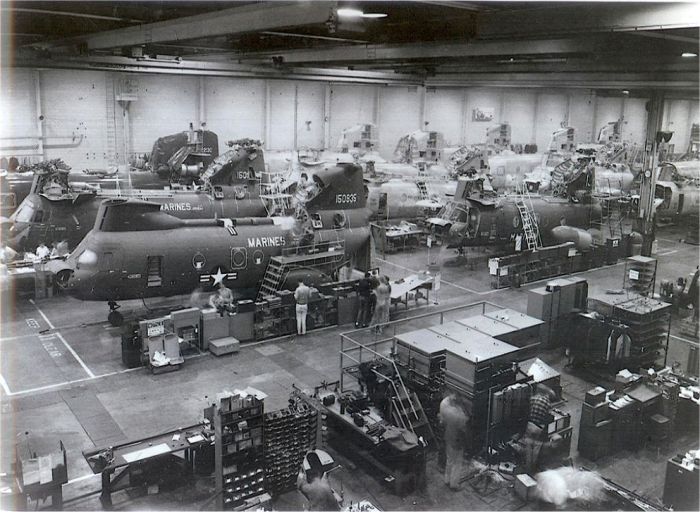 Pictured in the far upper left corner Chinook helicopter 62-02130 is undergoing manufacturing at the Boeing plant in Ridley Park, circa early 1960s.