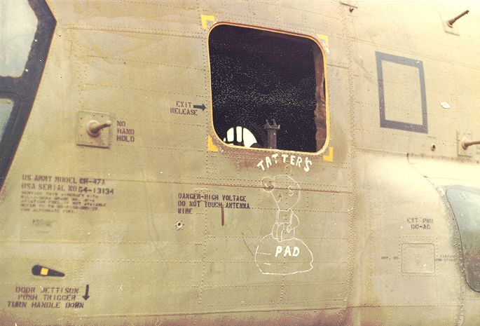Boeing CH-47A Chinook 64-13134, "Tatter's Pad", at Bearcat in the Republic of Vietnam, circa 1970.