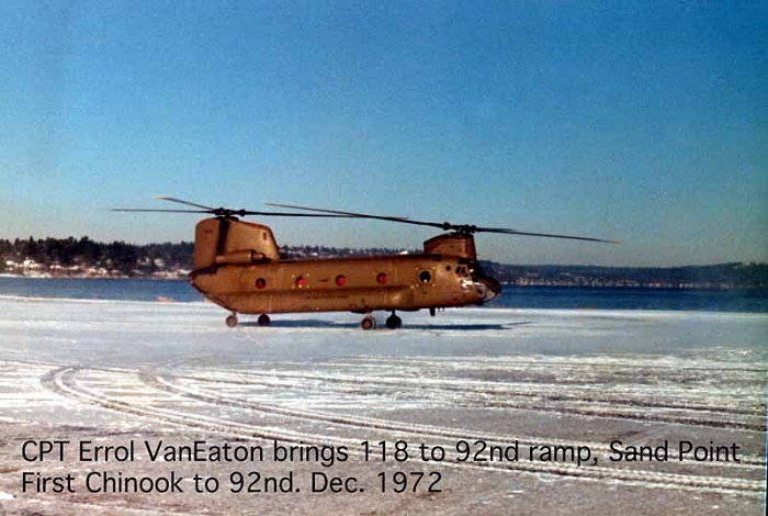 CPT Erroll Van Eaton at the controls of 66-00118 as the first CH-47A Chinookis delivered to the 92nd Aviation Company, 1972.