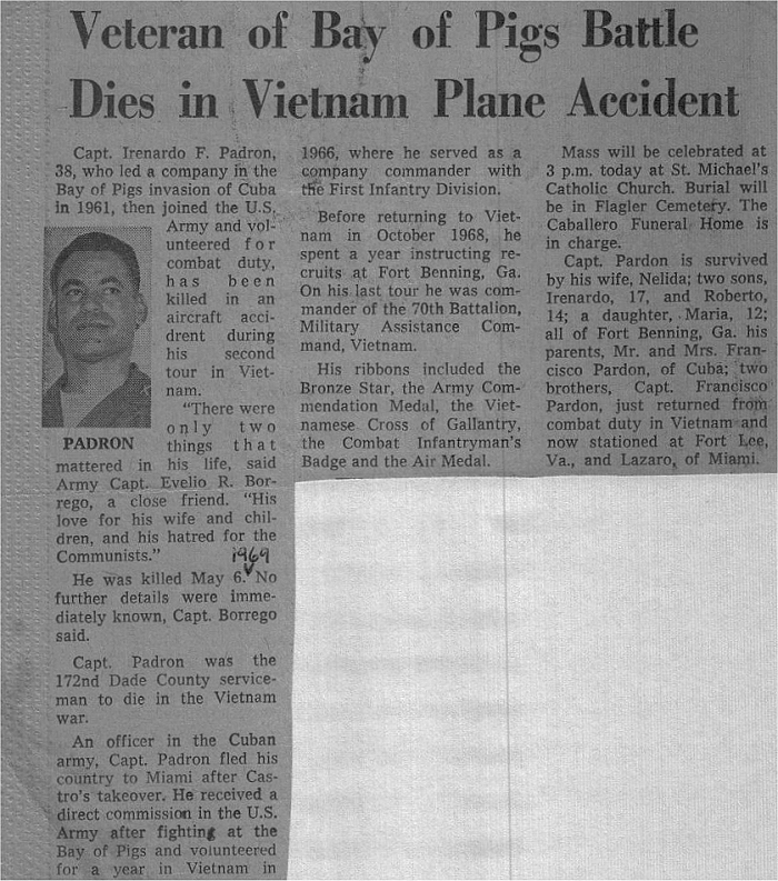 A Miami Herald Newspaper article concerning CPT Irenardo Felix Padron.