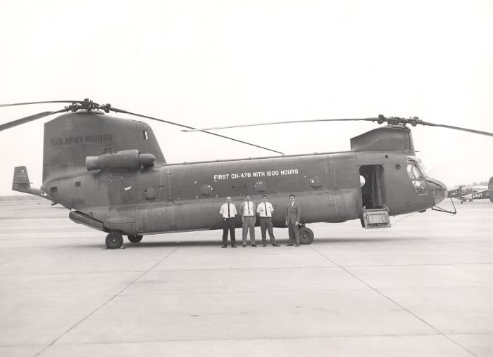 CH-47B 66-19099 at Cairns Army Airfield (KOZR), Fort Rucker, Alabama, on the occasion of reaching 1000 flight hours. 66-19099 was the first B model to reach that level. Shown in the photograph from left to right are Red Harvin, Aircraft Maintenance Foreman, Wiley King, Aircraft General Foreman, Andy Marshall, Test Coordinator, all employees of Hawthorne Aviation and Manuel Venegas, Test Project Engineer with the US Army Aviation Test Board.