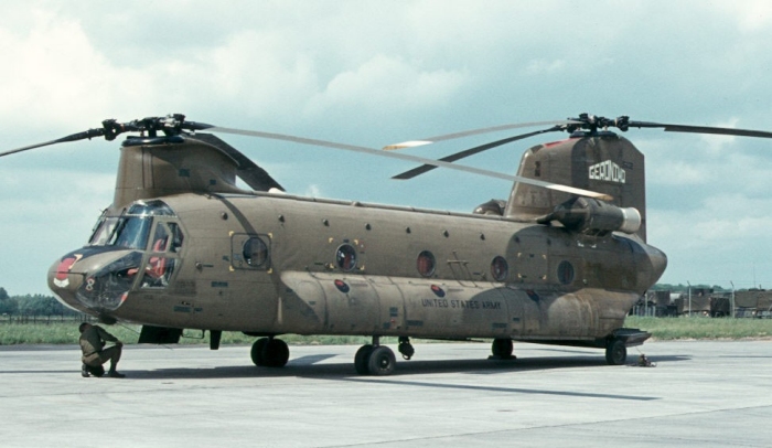 A photograph of CH-47C Chinook helicopter 70-15032 taken in the mid-1970s at Lahr, West Germany.