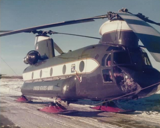 CH-47C Chinook helicopter 71-20949 while at the Fort Greely training area in Alaska for a Field Training Exercise (FTX), Spring, 1978.