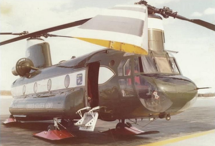 CH-47C Chinook helicopter 71-20949 parked on the flight line outside Hangar One at Fort Wainwright, Alaska, Spring 1978.