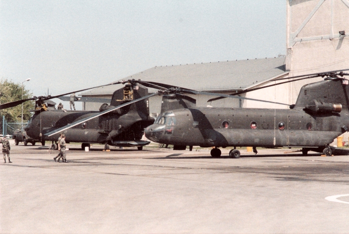 CH-47C Chinook helicopter undergoing maintenance while assigned the the 205th Aviation Company at Mainx-Finthen army Airfield, 1985.