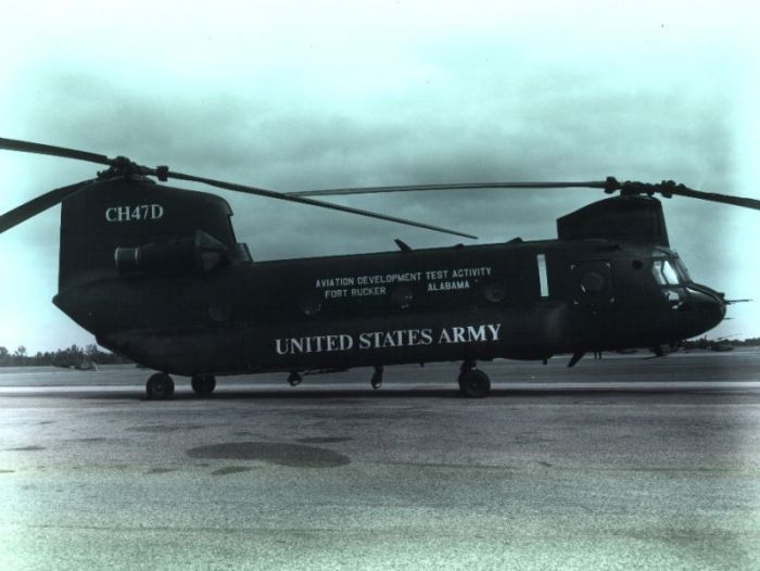 Boeing CH-47D Chinook helicopter 81-23383, as Bearcat 1, parked on "Chinook Hill" at Cairns Army Airfield while undergoing field testing and airworthiness certification at Fort Rucker, Alabama, circa early 1980's.