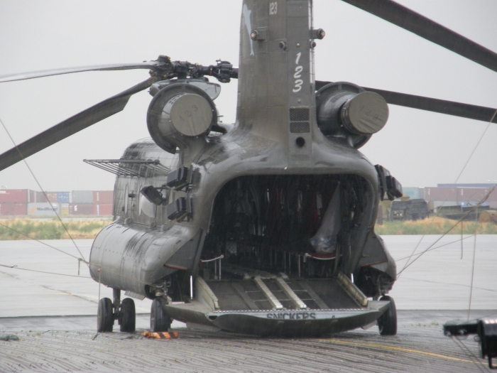 CH-47D Chinook helicopter 83-24123 about one month before it was destroyed in a ground accident at Bagram, Afghanistan, on 10 August 2007.