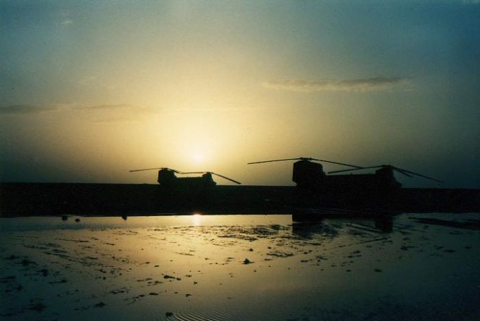 After a rain storm, 85-24335 and 85-24336 dry out in Saudi Arabia, circa 1991.