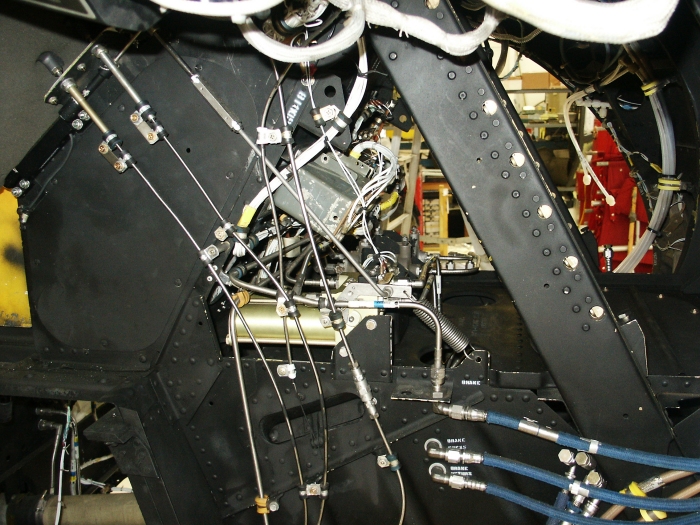 The right chin bubble area of CH-47D Chinook helicopter 85-24336 showing the parking park valve.