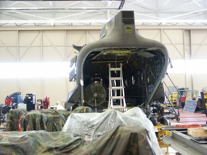 The aft exterior area of CH-47D Chinook helicopter 85-24336.