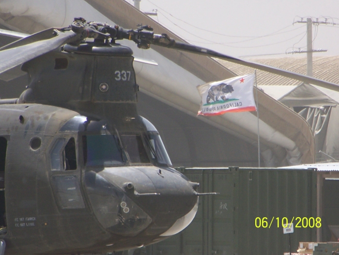 CH-47D Chinook helicopter 85-24337 while assigned to the California Army National Guard and deployed to Bagram, Afghanistan, 2008 - 2009.