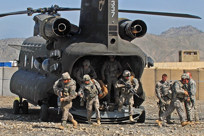 15 May 2009: U.S. Army soldiers rehearse dismounting CH-47 Chinook helicopter 85-24337 before a recent air assault operation on Bagram Air Field, Afghanistan. The U.S. soldiers, assigned to the 509th Infantry Division's 3rd Battalion, participated in a joint effort with Afghan soldiers and border police.