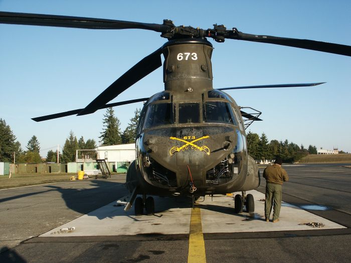 Chinook helicopter 86-01673 at Fort Lewis, Washington, after undergoing RESET and being readied for test flight under the auspices of Project OLR with the contractor Lear-Siegler Incorporated (LSI) in October 2008.