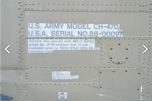 The identifying data painted on the side of CH-47D Chinook helicopter 88-00097 sitting at Madison Executive Airport (KMDQ), Meridianville, Alabama, during the auction process as it went up for sale to the highest bidder on the commercial market.