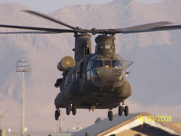CH-47D Chinook helicopter 88-00102, owned and operated by the Company B, 1st Battalion, 126th Aviation, California Army National Guard, home based in Stockton, California while on deployment to Bagram Airbase, Afghanistan during Operation Enduring Freedom (OEF IX) in 2008.
