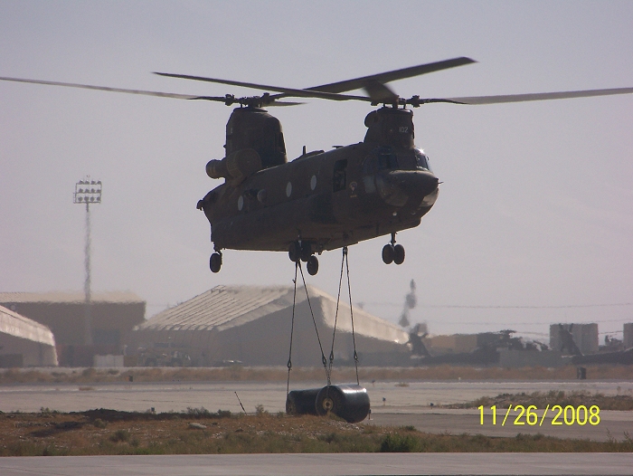CH-47D Chinook helicopter 88-00102, owned and operated by the Company B, 1st Battalion, 126th Aviation, California Army National Guard, home based in Stockton, California while on deployment to Bagram Airbase, Afghanistan during Operation Enduring Freedom (OEF IX) in 2008.
