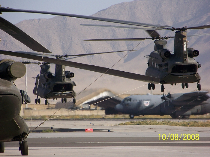 CH-47D Chinook helicopters 88-00104 and 90-00226, owned and operated by the Company B, 1st Battalion, 126th Aviation, California Army National Guard, home based in Stockton, California while on deployment to Bagram Airbase, Afghanistan during Operation Enduring Freedom (OEF IX) in 2008.