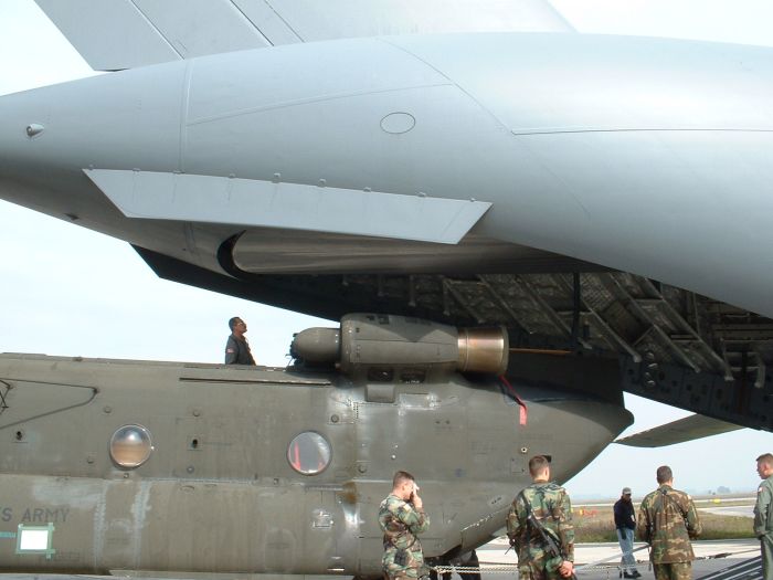 89-00138 being loaded aboard a United States Air Force (USAF) C-17 Globemaster III transport aircraft at Camp Able Sentry, Macedonia.