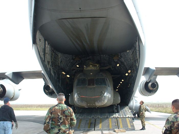 89-00138 being loaded aboard a United States Air Force (USAF) C-17 Globemaster III transport aircraft at Camp Able Sentry, Macedonia.