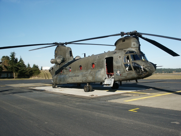 26 November 2008: CH-47D Chinook 90-00192 helicopter sits on the ramp at Gray Army Airfield, Fort Lewis, Washington, awaiting a post RESET maintenance test flight. The RESET was completed by Lear Siegler Services, Incorporated - a division of URS Corporation.