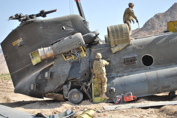 CH-47D Chinook helicopter 90-00192 at the crash site in Afghanistan, October 2011.
