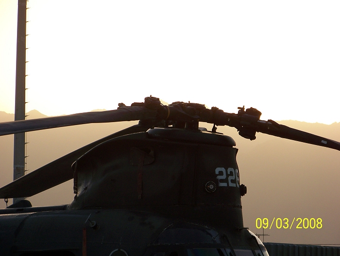 The Forward Pylon of CH-47D Chinook helicopter 90-00226, owned and operated by the Company B, 1st Battalion, 126th Aviation, California Army National Guard, home based in Stockton, California while on deployment to Bagram Airbase, Afghanistan during Operation Enduring Freedom (OEF IX) in 2008.