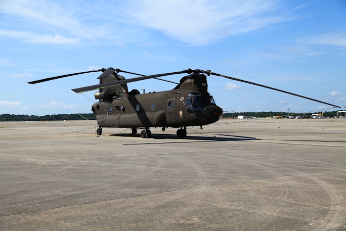 11 July 2013: CH-47D Chinook helicopter 91-00268, 50 years old on 31 May 2013, rests on the ramp at Hunter Army Airfield, Fort Stewart, Georgia.