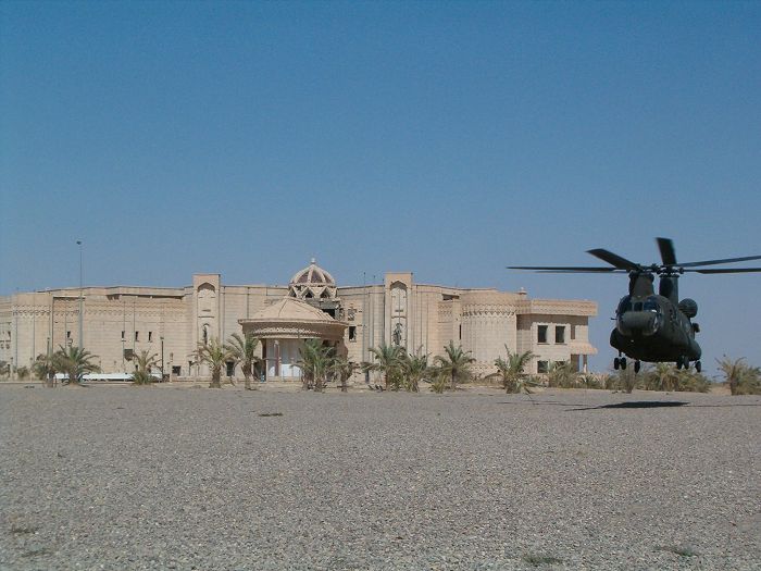 CH-47D Chinook helicopter 93-00933 hovering Saddem Hussein's old palace in Tikrit, Iraq.