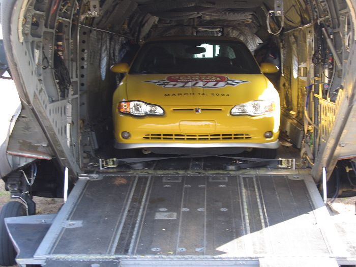 MH-47E Chinook 91-00501 delivers the pace car for the Golden Coral 500 at Atlanta Motor Speedway on 14 March 04. The unit did a 