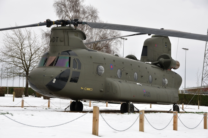 25 January 2013: In a photograph provided by Mike Hopwood CH-47F (minus) Chinook helicopter 03-08003 is seen in Royal Air Force livery standing guard at the gate of RAF Odiham, England, on permanent static display.