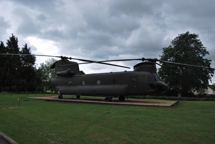 6 April 2012: In a photograph provided by Bill McNally CH-47F (minus) Chinook helicopter 03-08003 is seen in Royal Air Force livery standing guard at the gate of RAF Odiham, England, on permanent static display.