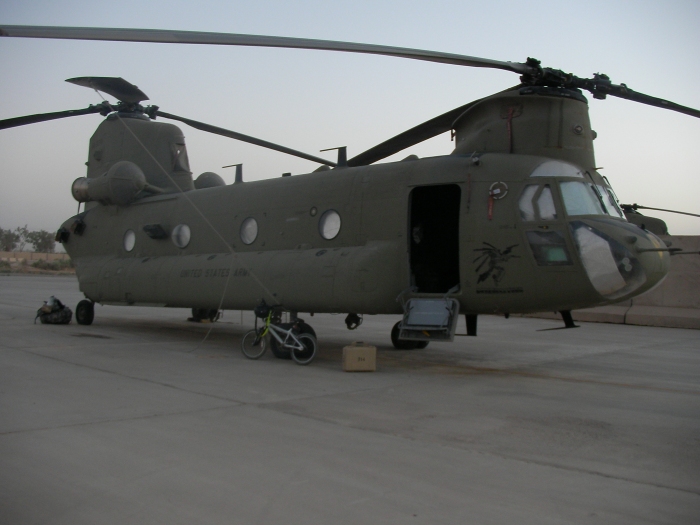 CH-47F Chinook helicopter 04-08714 on the ramp in Iraq.