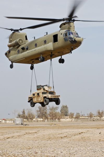 March 2009: 06-08023, a CH-47F Chinook cargo helicopter from the 2nd Battalion, 4th Combat Aviation Brigade, 4th Infantry Division, Multi-National Division - Baghdad, lifts a humvee off the ground during a sling load certification course at Camp Taji, Iraq. The training was intended to provide Soldiers with the essential skills necessary for sling loading equipment and supplies with a Chinook - the U.S. Army's premiere heavy lift aircraft.